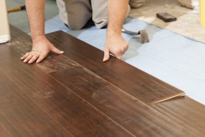 Hardwood floor installation in progress